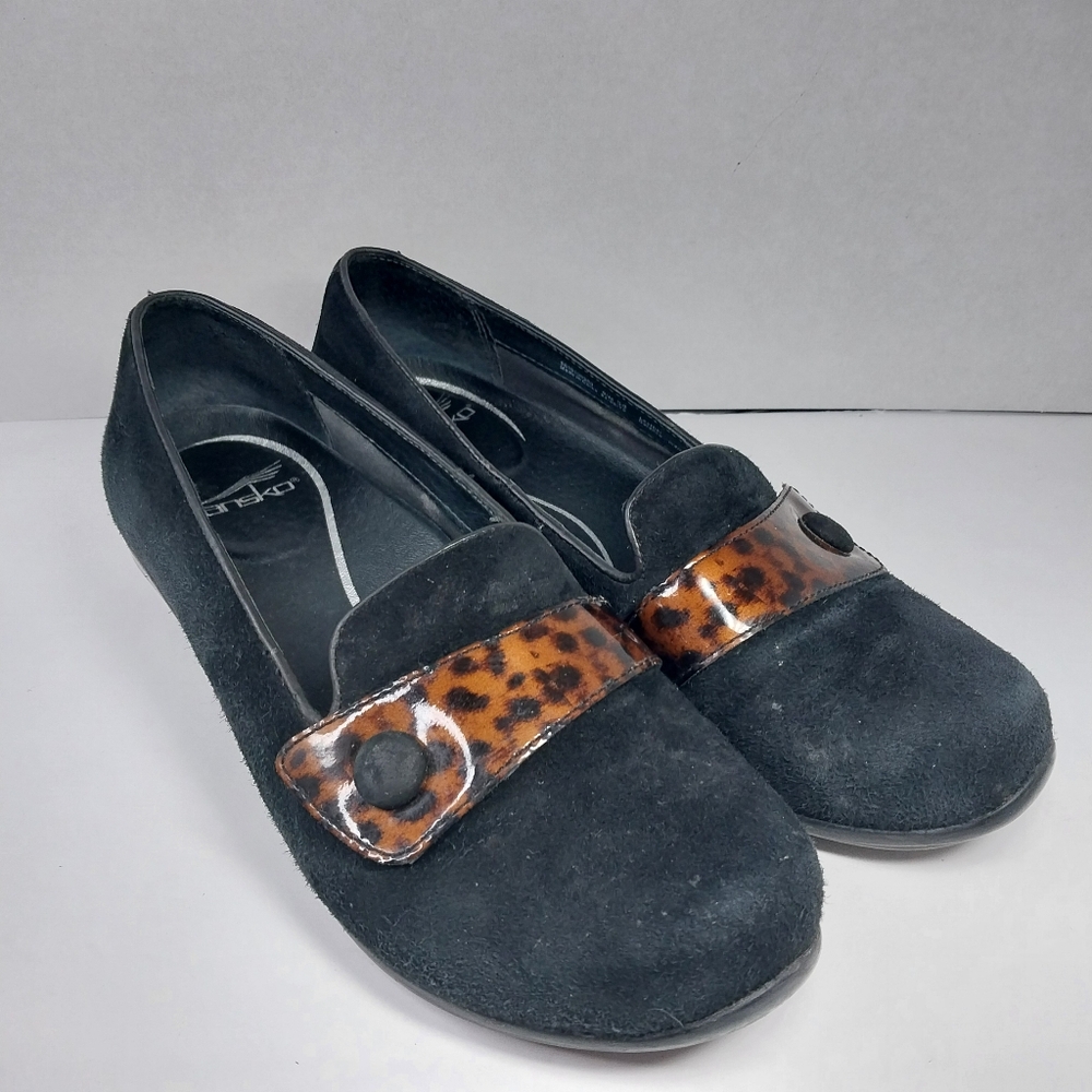 Dansko Olena EU 39 US 8.5 Black Suede Slip-On Loafers Shoes Animal Print Preppy